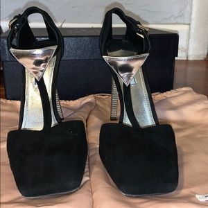 AUTHENTIC PRADA Black Suede Pumps with Silver heel